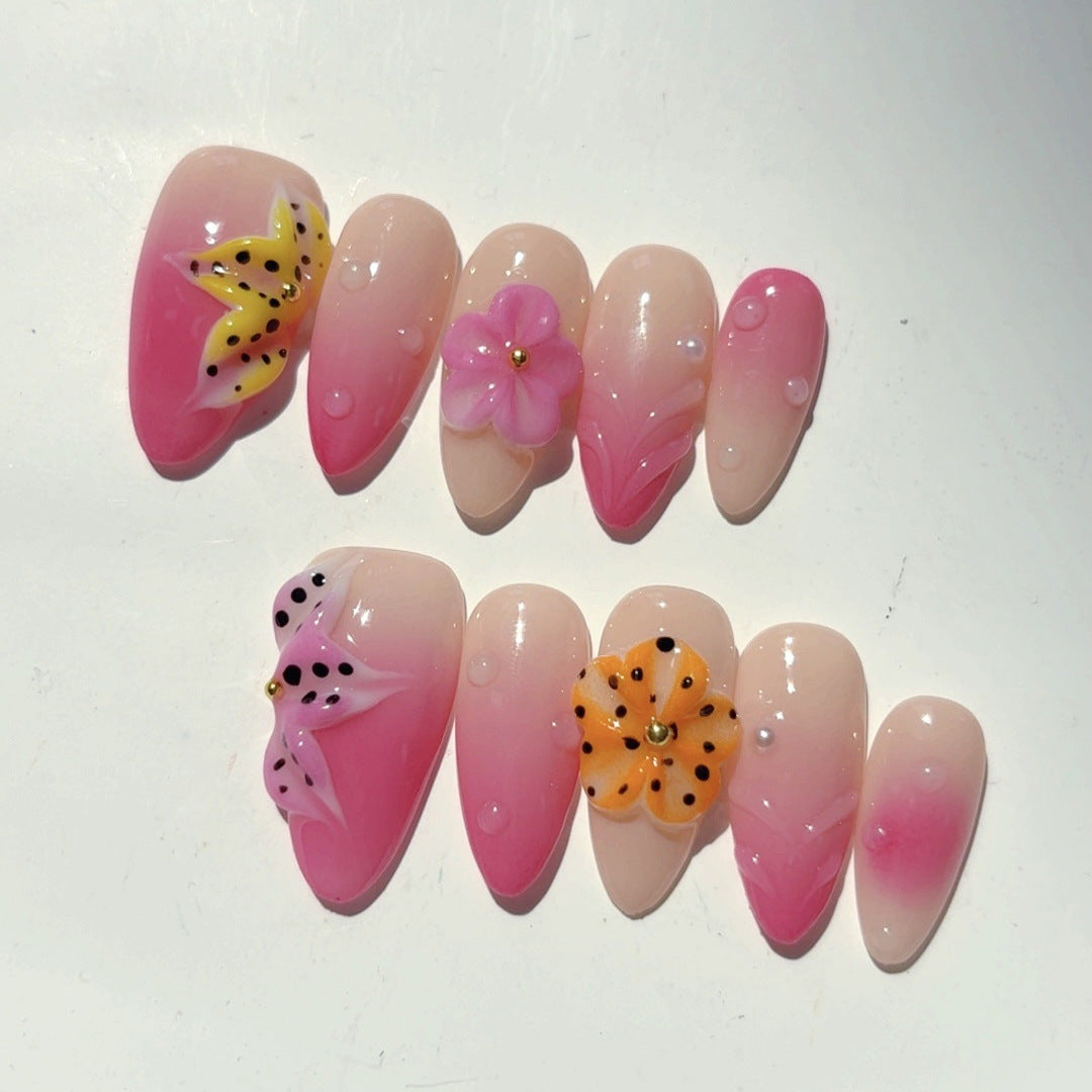 Sweet Tropical: "Pink Butterfly Bloom" – Medium Almond Nude & Pink Gradient Handmade Press-On