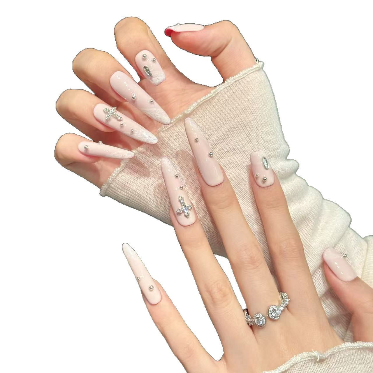 Elegant Pink Crystal Cross Glam Nails