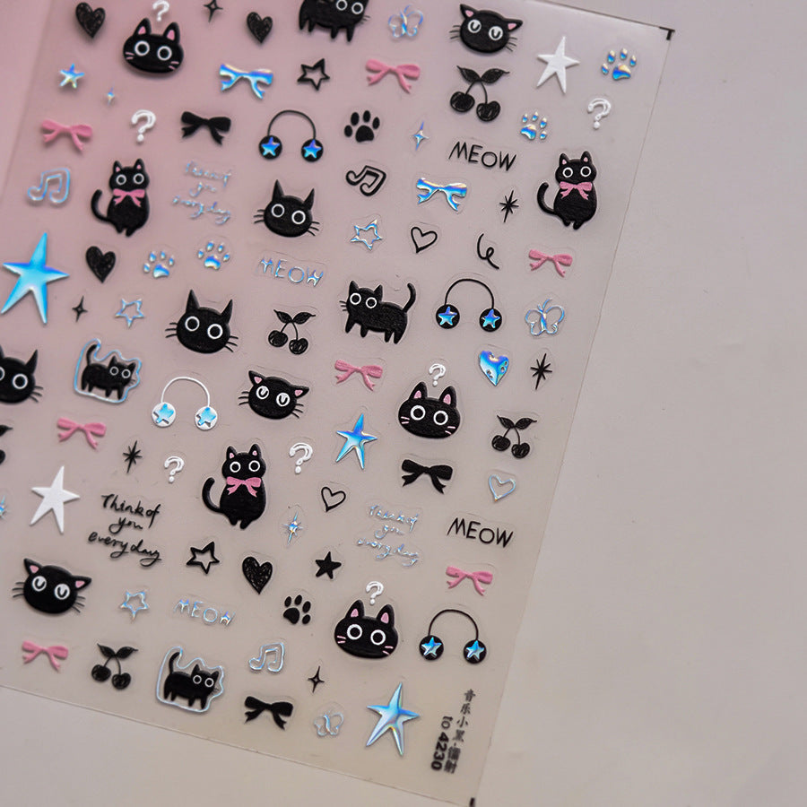 Cute Black Cat & Cherry: "Paw-sitive Sweet Day" – 5D Embossed Nail Sticker