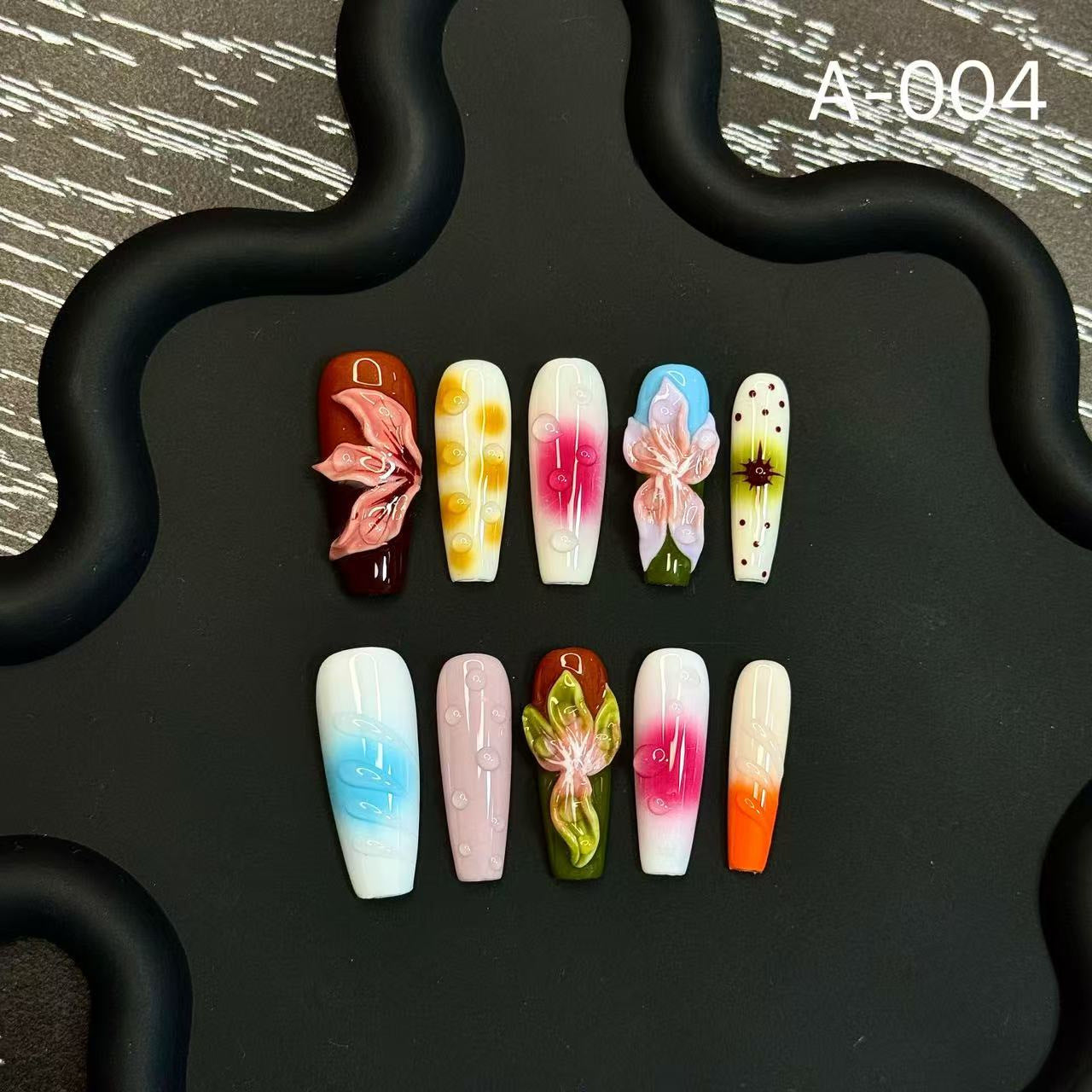 365nails: "Botanical Rainbow" – 3D Floral & Gradient Handmade Long Coffin Nails