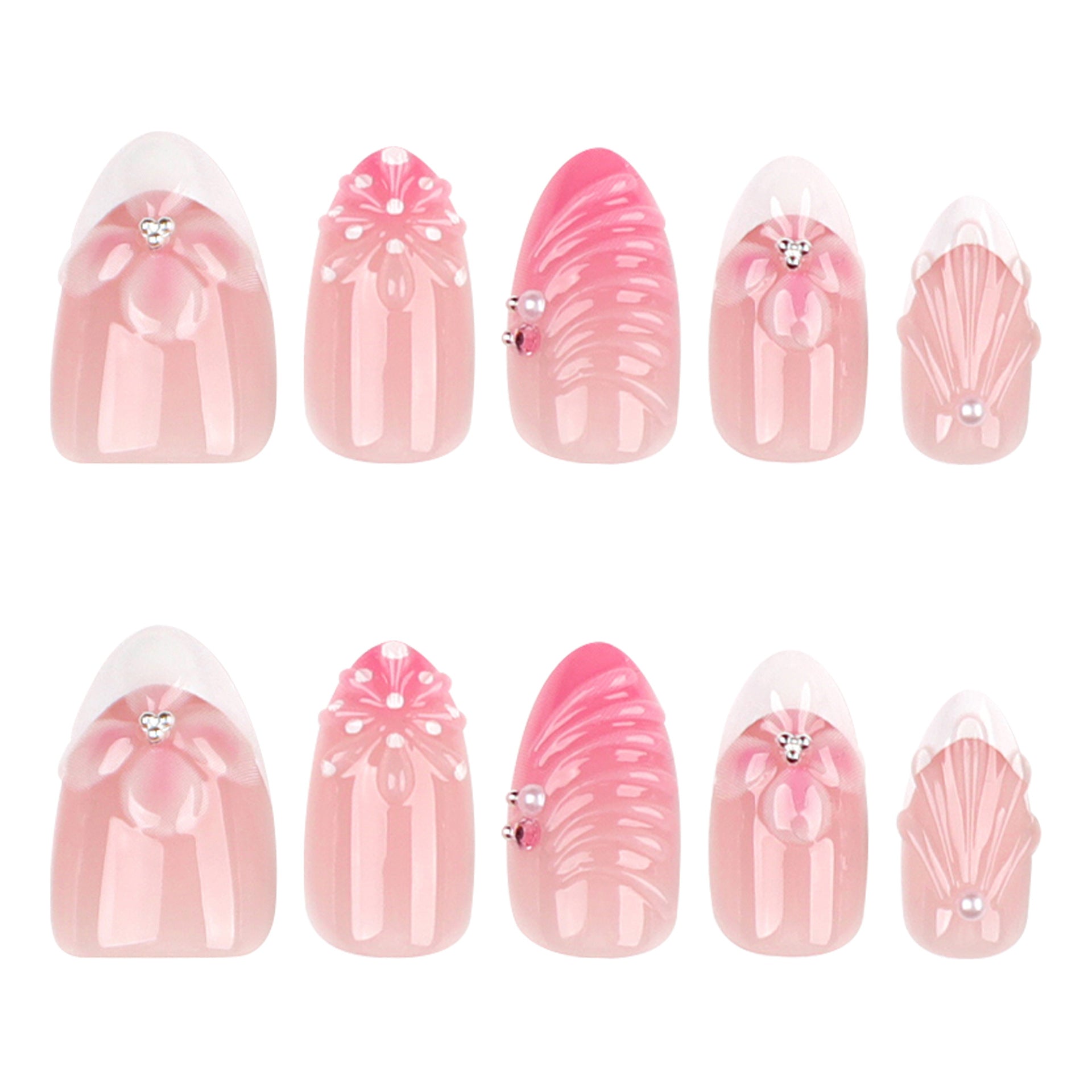 365nails: "3D Pink Floral Mermaid Almond" – Pearl & Rhinestone Press-on Nails