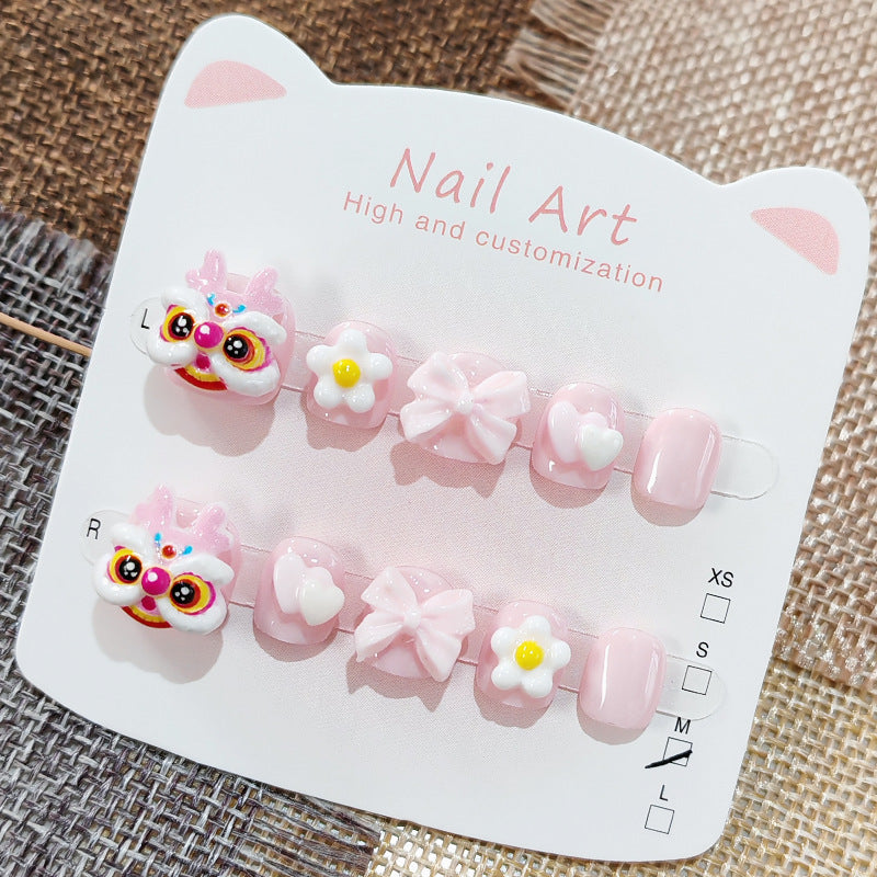 365nails: "pastel pink lion dance" – short round handmade kids press-on nails