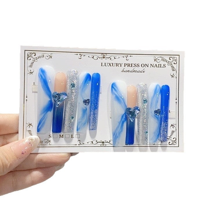 Blue Marble Heart Crystal Glam Press On Nails