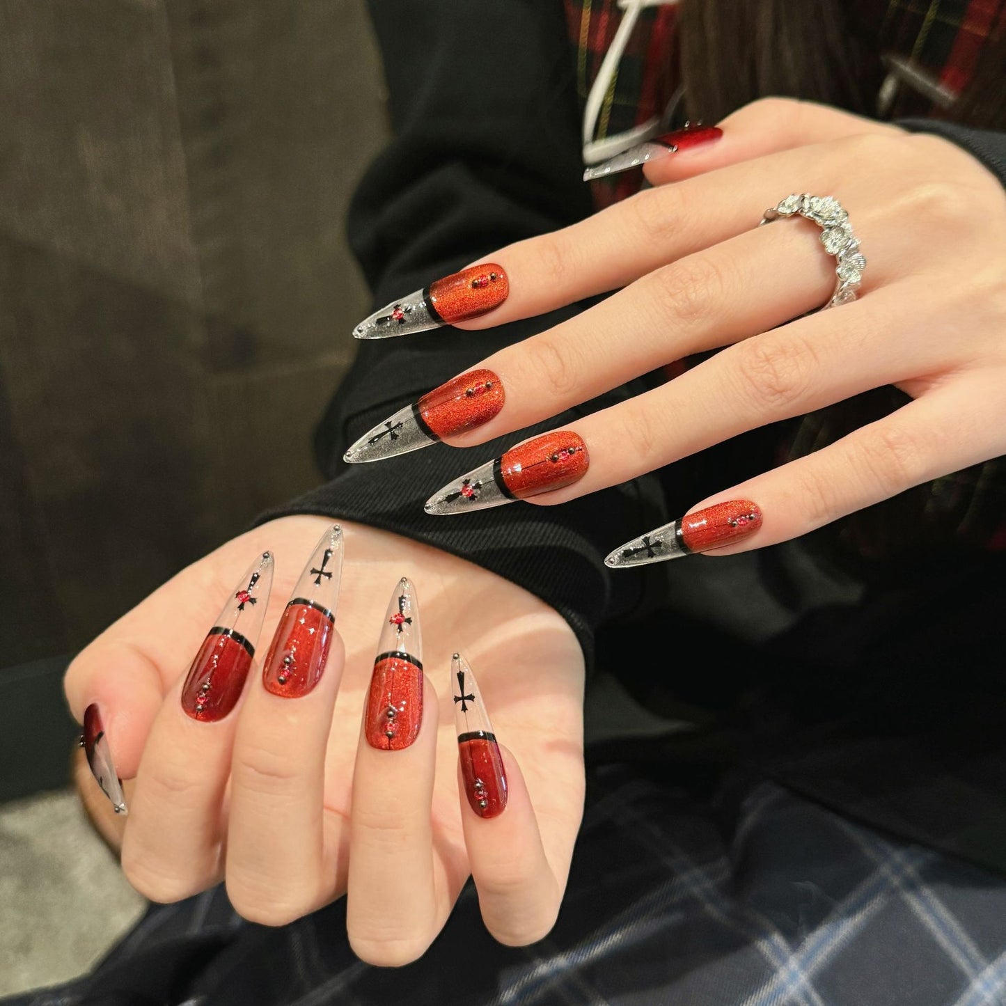 365nails: "Crimson Cross" – 3D Gothic Cross & Cat Eye Handmade Stiletto Nails