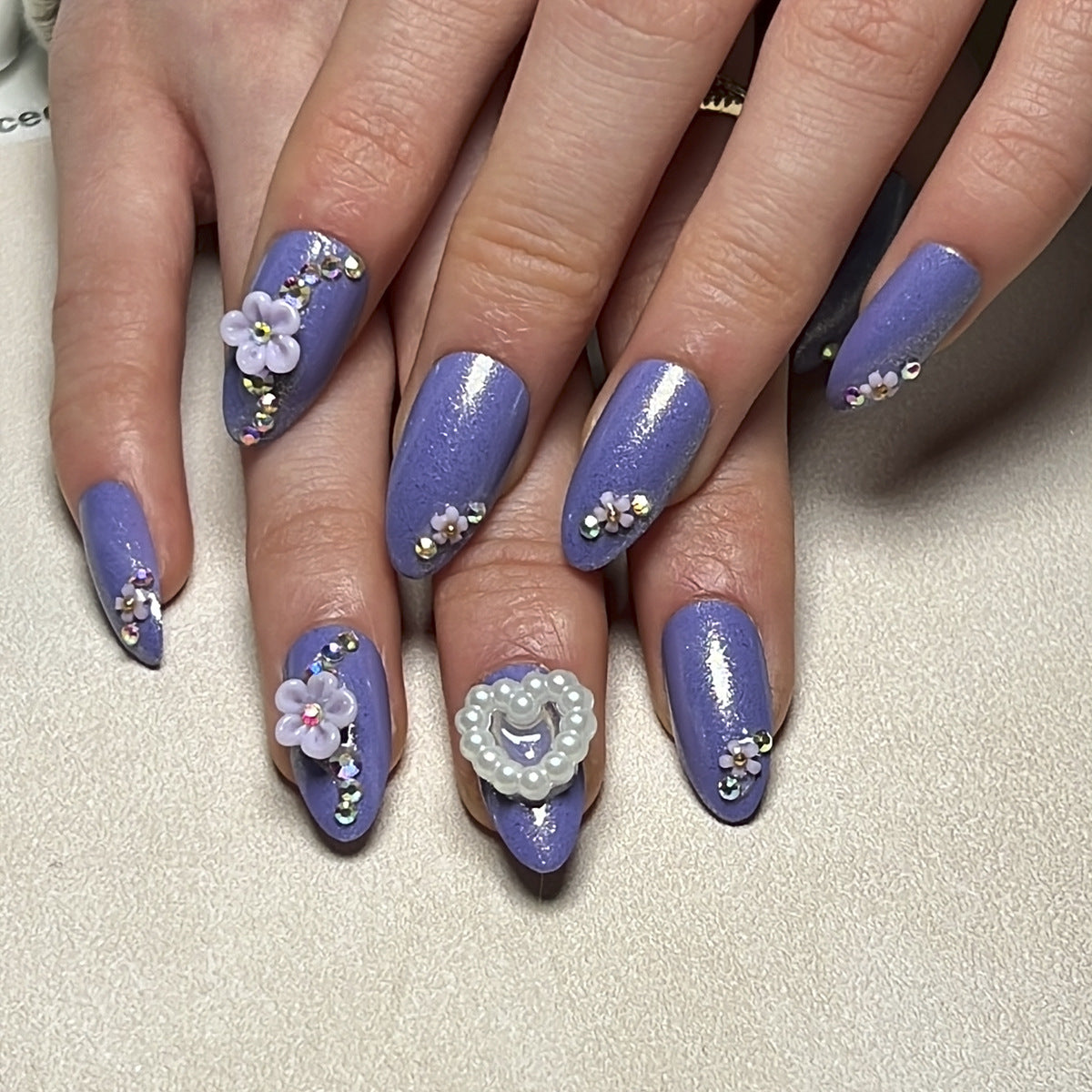 Gypsy purple almond press on nails pearl love nail piece white flower camellia nail piece fake nail wholesale｜365nails