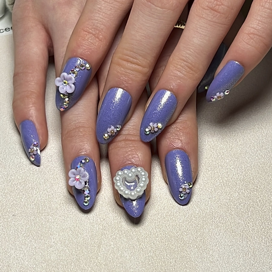 Gypsy purple almond press on nails pearl love nail piece white flower camellia nail piece fake nail wholesale｜365nails