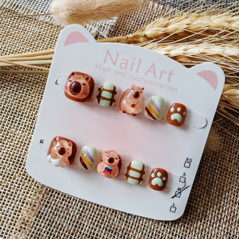 365nails — 可愛水豚兒童系列：「彩虹水豚大冒險」短款方形兒童穿戴甲