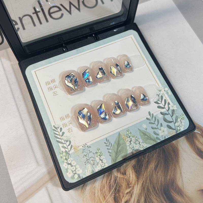 Summer fresh moonlight blue bright diamond short manicure patch detachable fake nails pure handmade press-on nails wholesale｜365nails