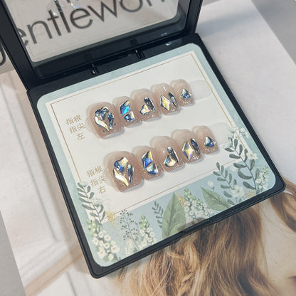 Summer fresh moonlight blue bright diamond short manicure patch detachable fake nails pure handmade press-on nails wholesale｜365nails