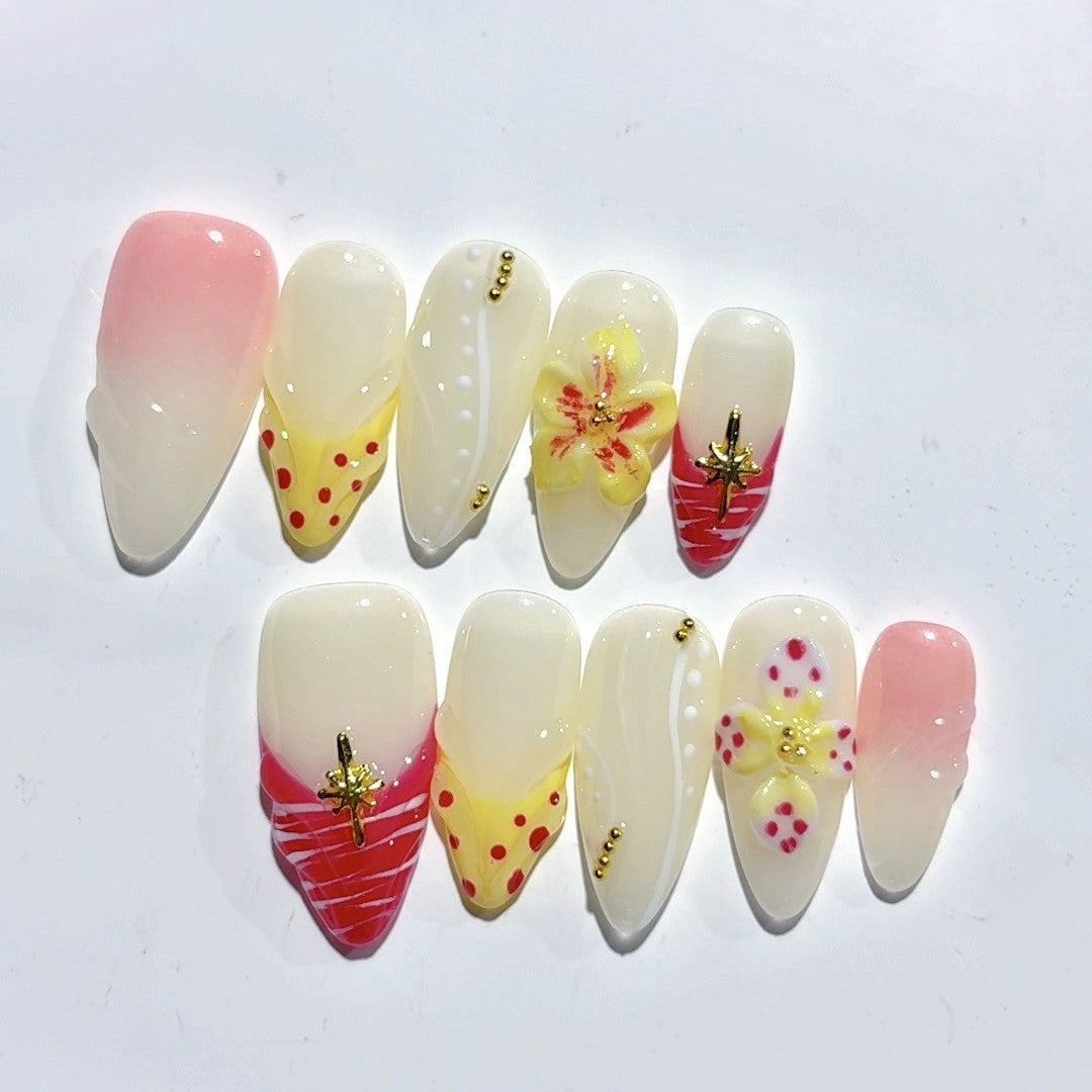 365nails：「草莓花卉波普」– 中長款杏仁形黃紅色水果花卉手工製穿戴甲
