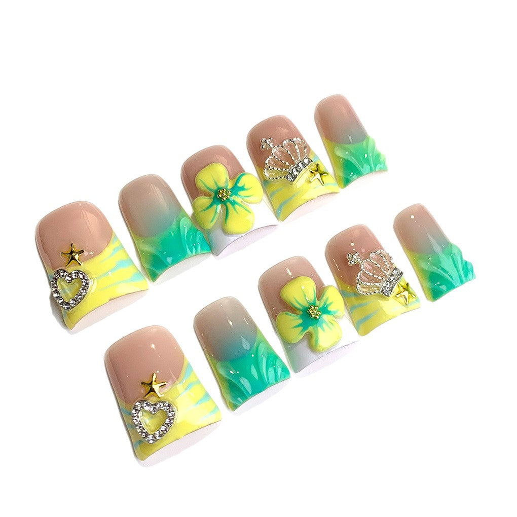 Green Yellow French Nails with Floral and Crown Charms