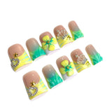 Green Yellow French Nails with Floral and Crown Charms