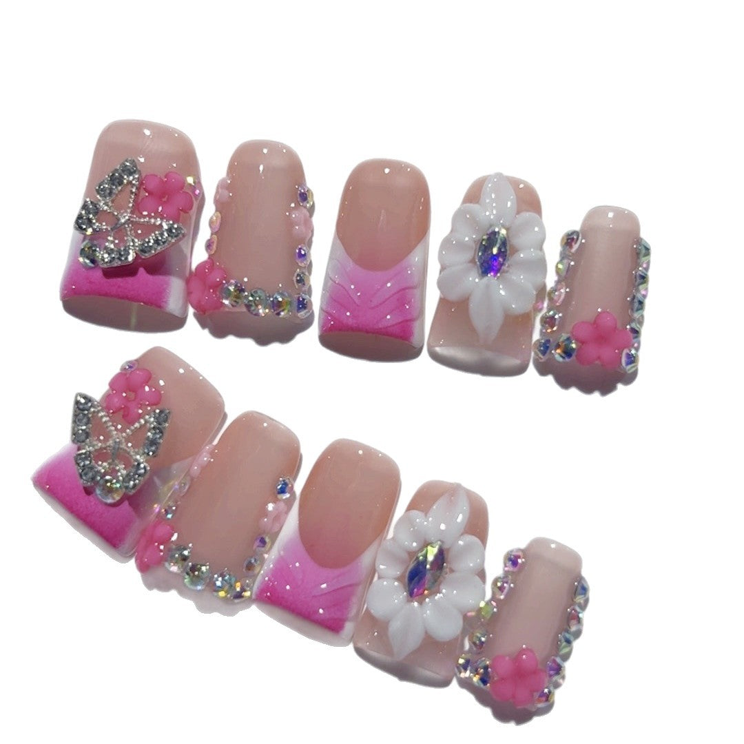 365nails-粉色蝴蝶：「花卉蝴蝶」 – 方形 手工製 3D 裝飾 穿戴甲