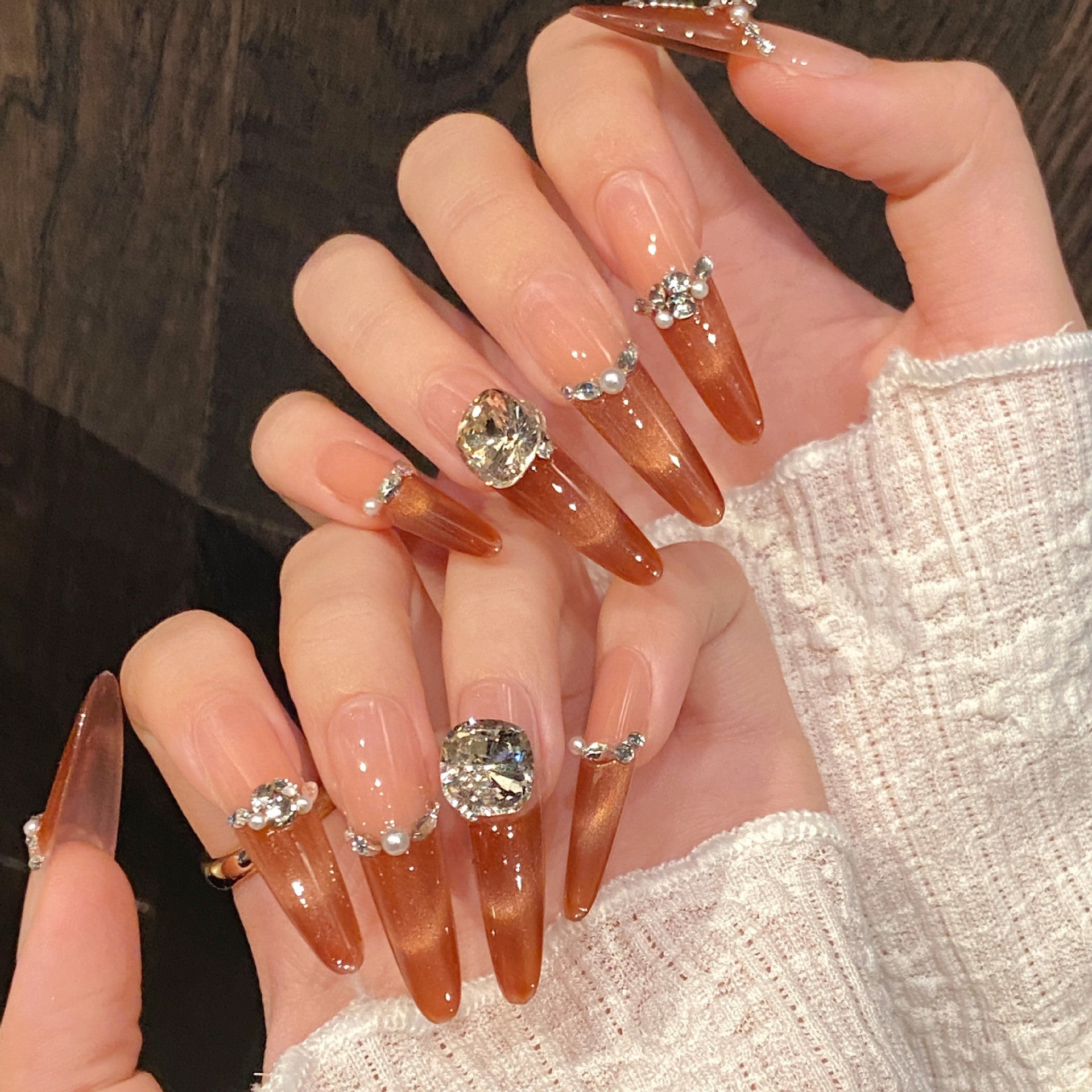 365nails: "Autumn Blush" – Handcrafted Cat Eye Gradient & Crystal Accents Coffin Nails