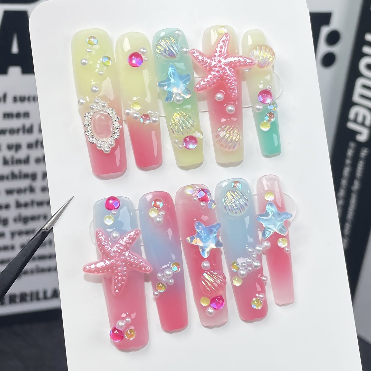 Long water pipe manicure multi-color irregular gradual change aquarium Handmade press on nails wearable fake nail｜365nails