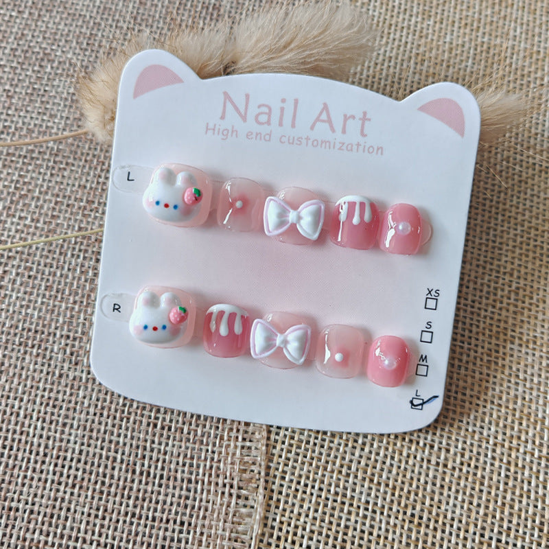 365nails: "strawberry cream bunny" – short round handmade kids press-on nails