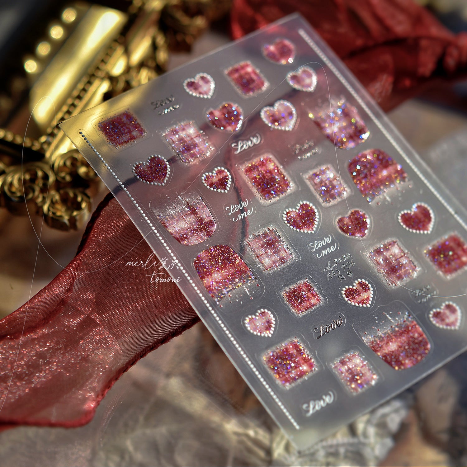 Holographic Tweed Nail Stickers – 3D Embossed Pink & Red Heart Set