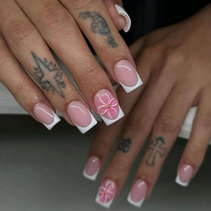 Uñas postizas cuadradas cortas con diseño de flor 3D en blanco francés, venta al por mayor | 365nails