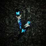 The Art Edit | Blue-Black Butterfly Stiletto Press-On Nails | Crushed Crystal Glitter + Silver Bow Charms