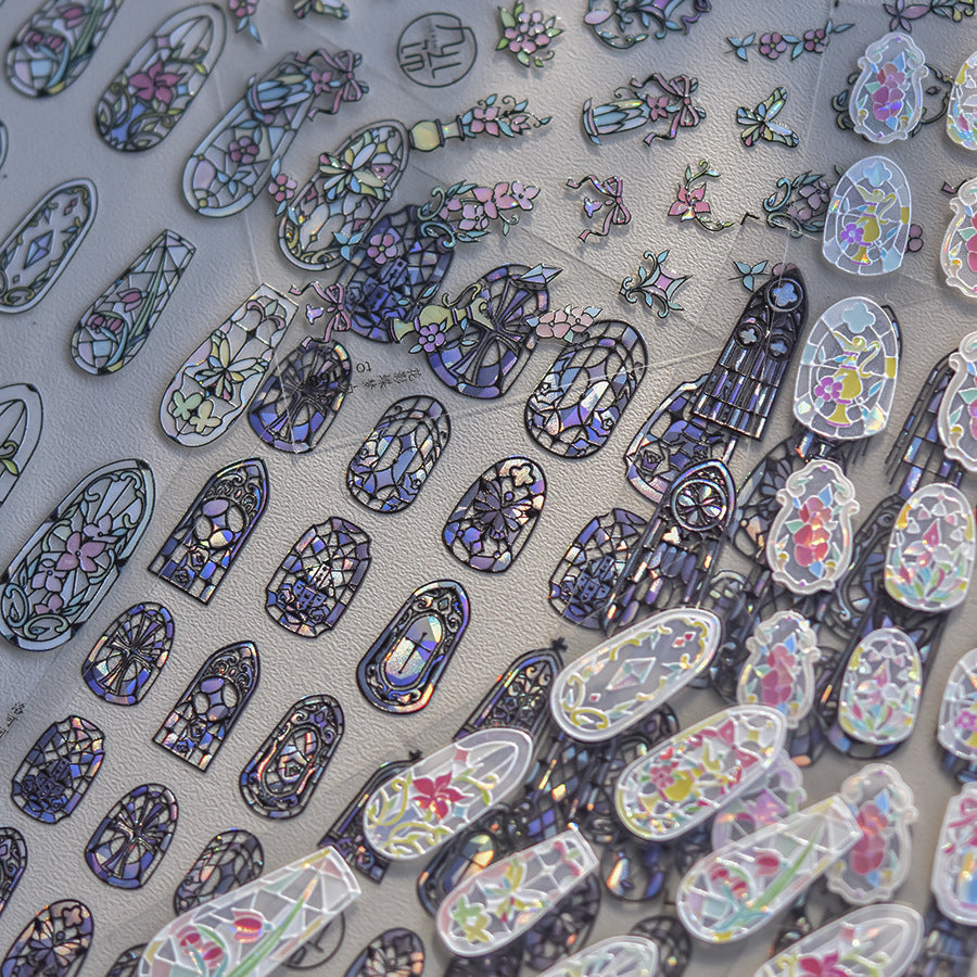 彩繪玻璃系列：「馬賽克彩繪玻璃」 – 3D 彩虹珠光指甲貼