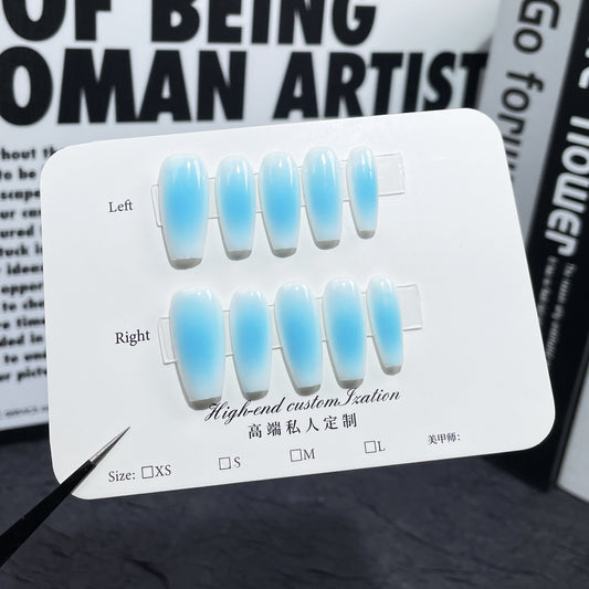 Handmade Press-on Nails Airbrush Ocean Blue and White Blush Medium and Long Nail Patch Simple Spice Girl Wearable Nail Patch｜365nails