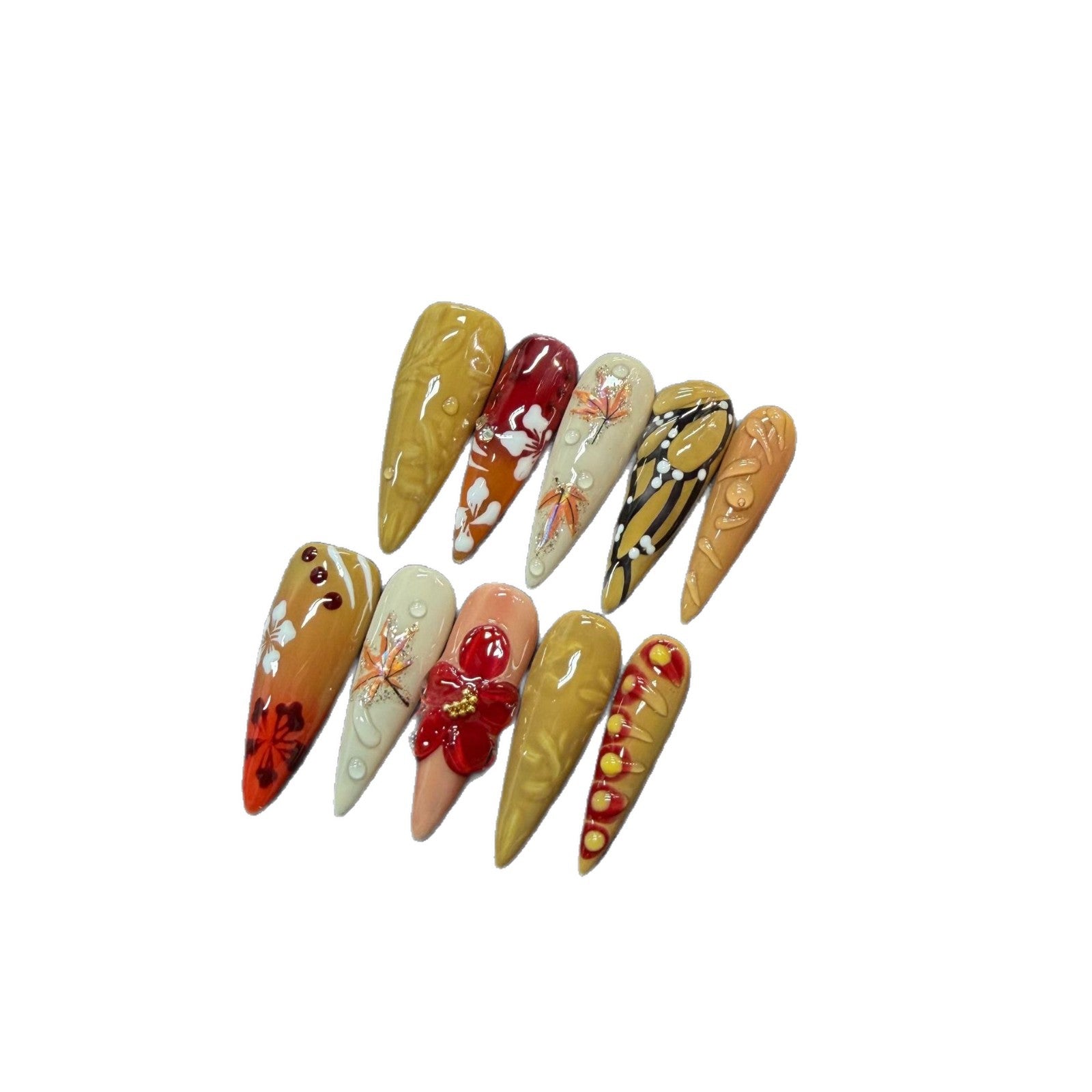 365nails: "가을 스파이스" – 3D 플로럴 손그림 추상 수제 아몬드형 네일