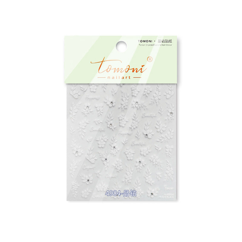 White Floral & Script: "Rainy Garden" – 5D Crystal Diamond Nail Sticker