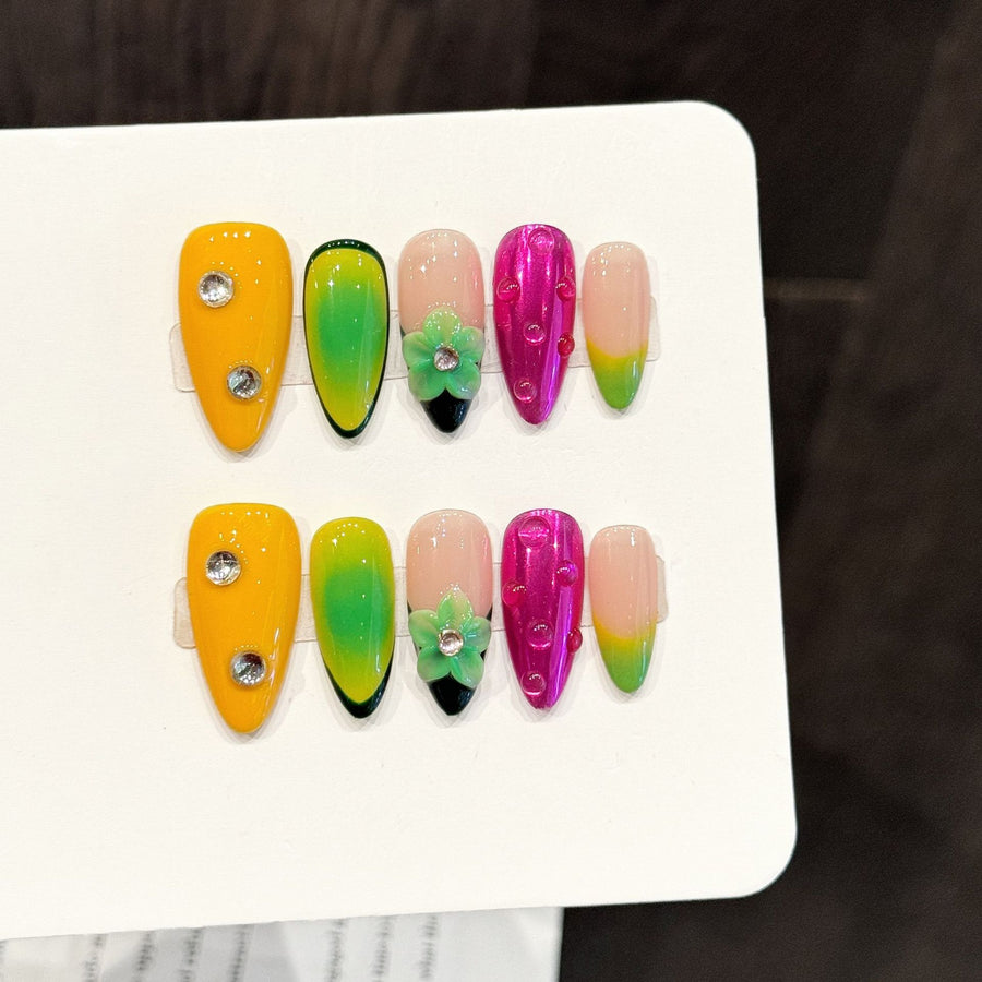 365nails: "Neon Tropics" – 3D Floral & Gradient Handmade Coffin Nails