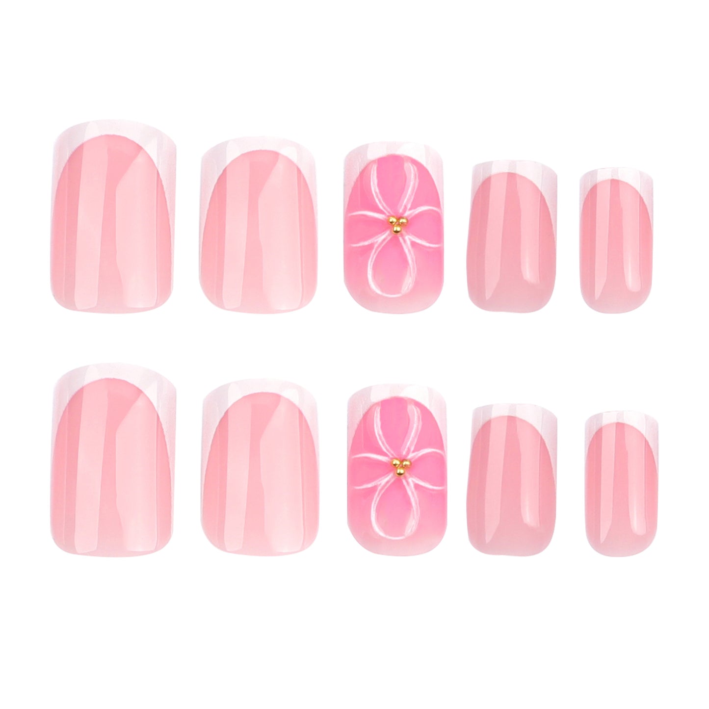 Uñas postizas cuadradas cortas con diseño de flor 3D en blanco francés, venta al por mayor | 365nails