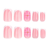 Simple French white  blush 3D flower  short square fake nail piece wholesale｜365nails