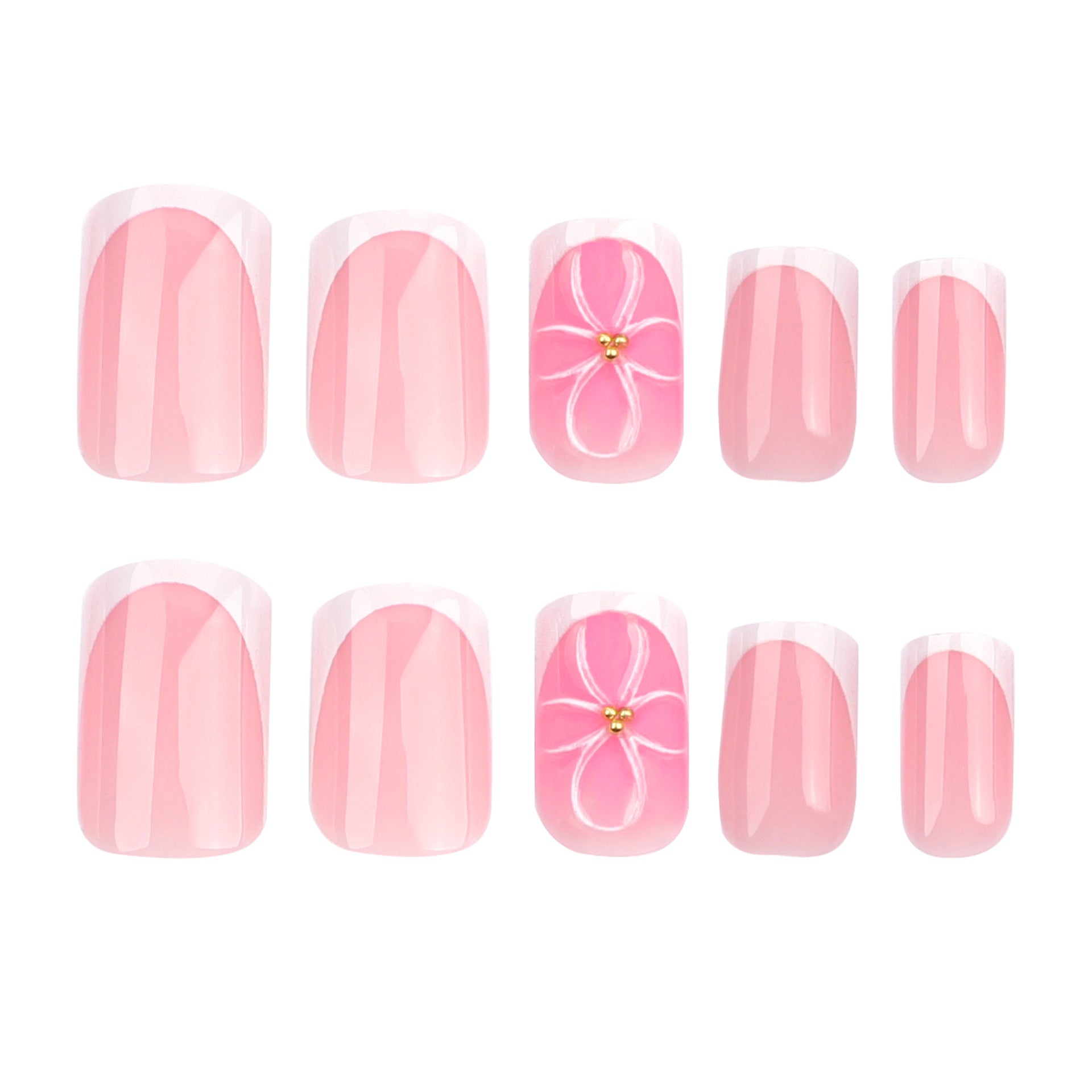 Simple French white  blush 3D flower  short square fake nail piece wholesale｜365nails