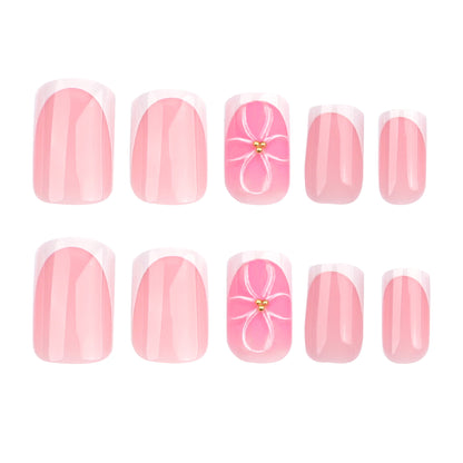 Uñas postizas cuadradas cortas con diseño de flor 3D en blanco francés, venta al por mayor | 365nails