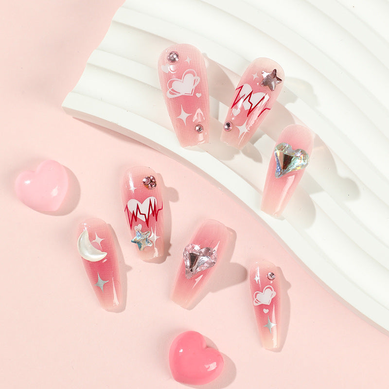 핑크 밸런타인 데이 러브 플래시 라인스톤 스타·문·하트 블러쉬 프레스온 네일 패치 도매 ｜365nails