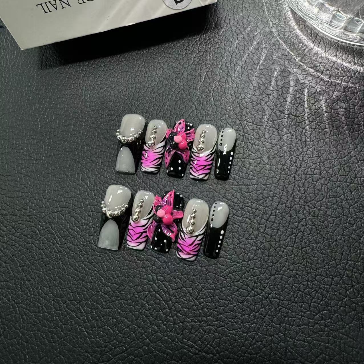 365nails: "Dark Romance" – 3D Butterfly Handmade Short Square Nails