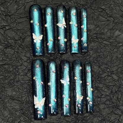 Handmade armor flash blue cat eye 5D relief butterfly  long nail art  super long water pipe nail｜365nails