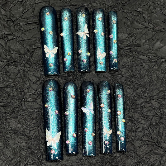 Handmade armor flash blue cat eye 5D relief butterfly  long nail art  super long water pipe nail｜365nails