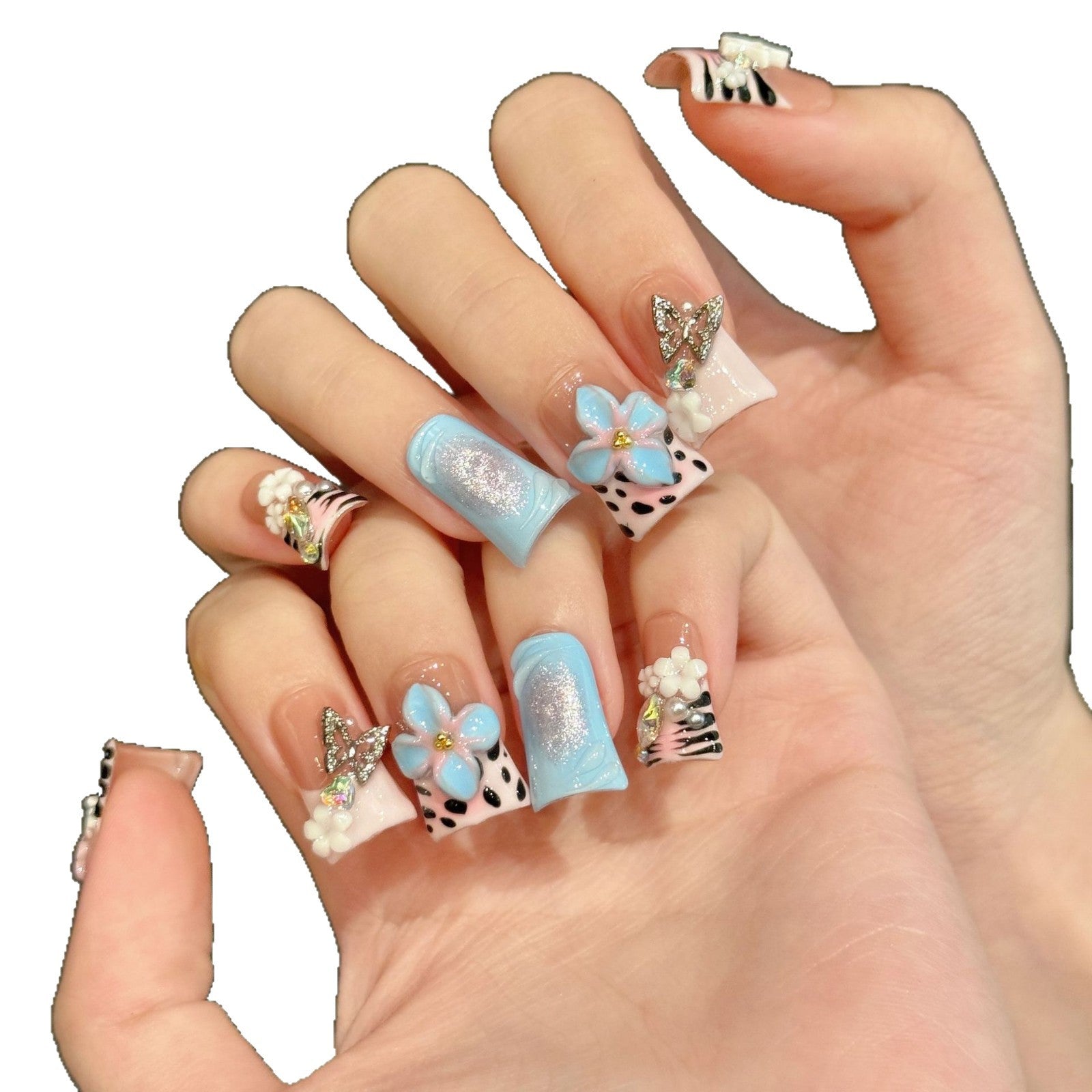 Unhas 3D Pintadas à Mão com Florais em Tons Pastéis e Detalhes de Estrelas