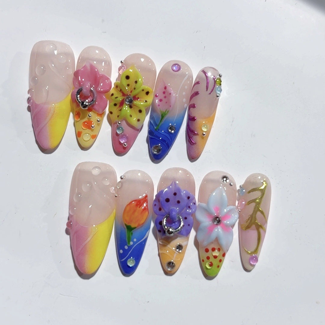 Fantaisie féerique : "Floraison jardin arc-en-ciel" – long forme amande multicolore floral, ongles press-on fait main