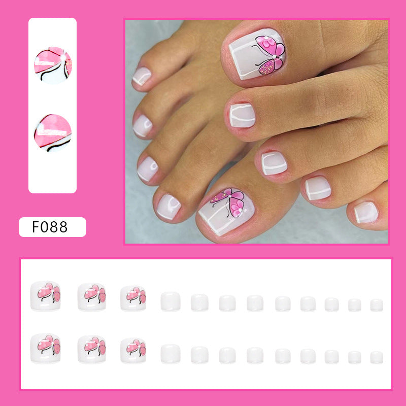 Manicura francesa simple y pura en blanco, linda y sencilla con mariposa rosa, uñas postizas postizas terminadas, uñas postizas, uñas postizas, pieza de uña｜365nails
