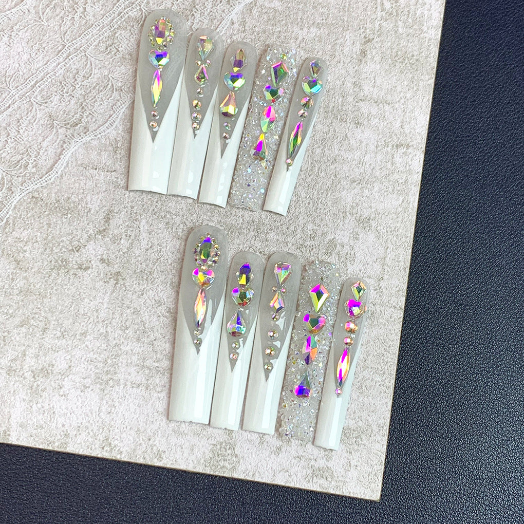 White Crystal Extra Long Coffin Press On Nails