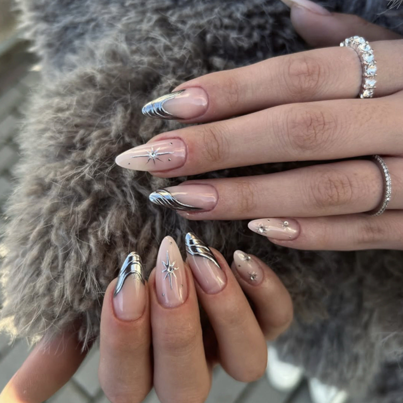 French 3D Silver Metallic Wind Pink Short Almond press-on nails