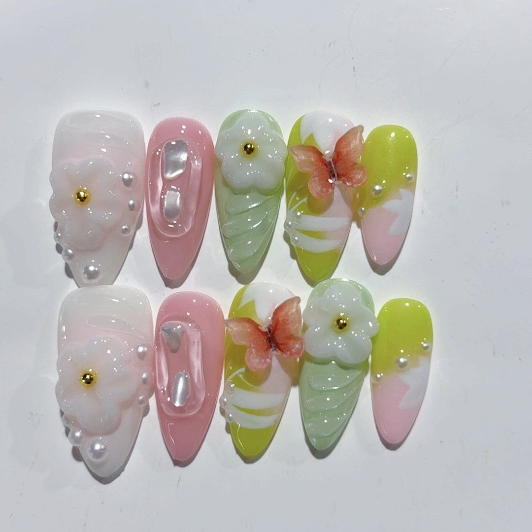 365nails-春日花園：「可愛花卉蝴蝶」 – 杏仁形 手工製 3D 雕刻 穿戴甲