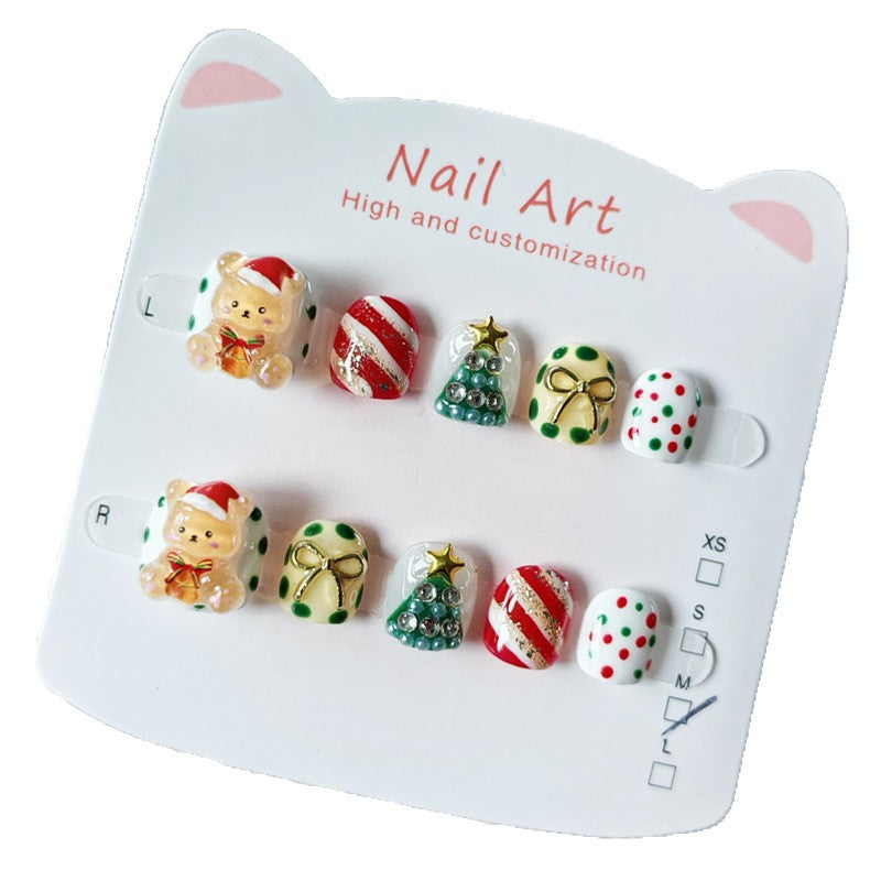365nails: "festa do urso de natal" – unhas postiças redondas curtas artesanais para crianças