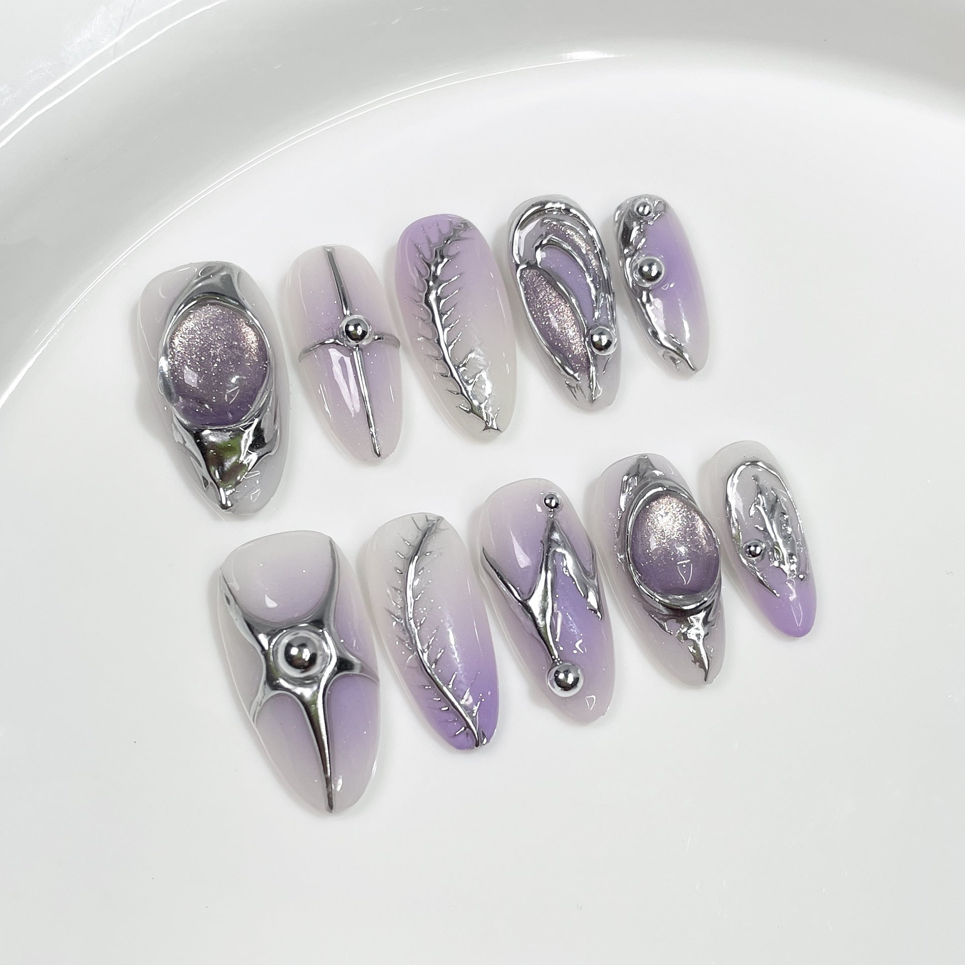 Futuristic Silver Chrome Liquid Metal Lavender Press-On Nails
