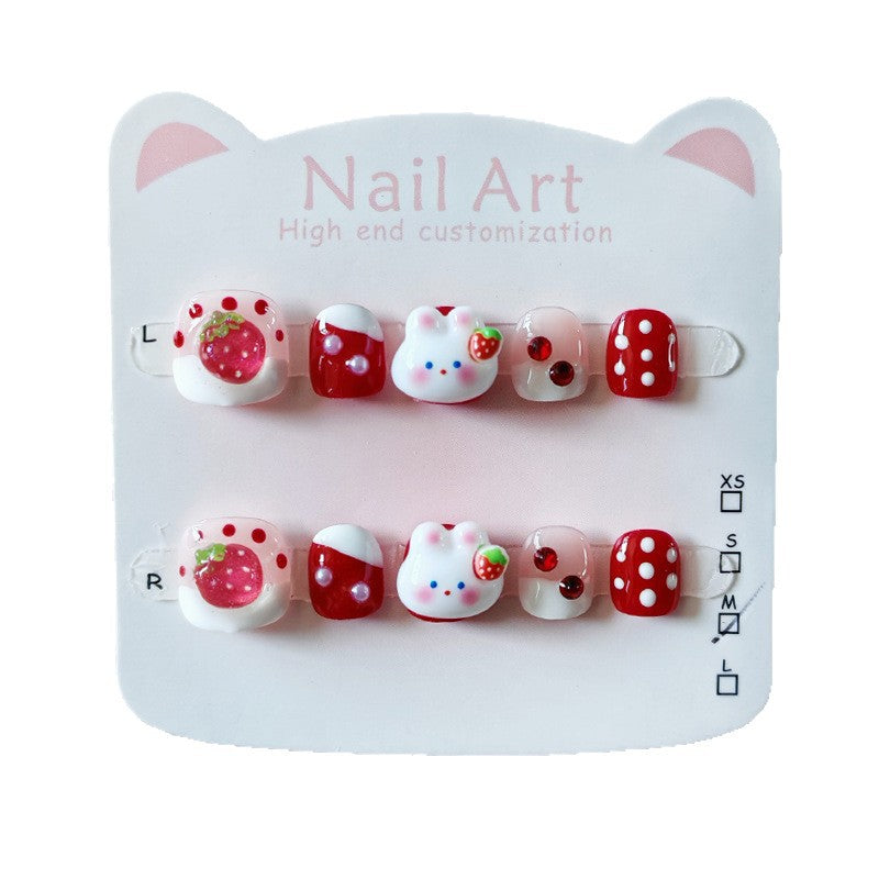 365nails: "strawberry sweetheart bunny" – short round handmade kids press-on nails