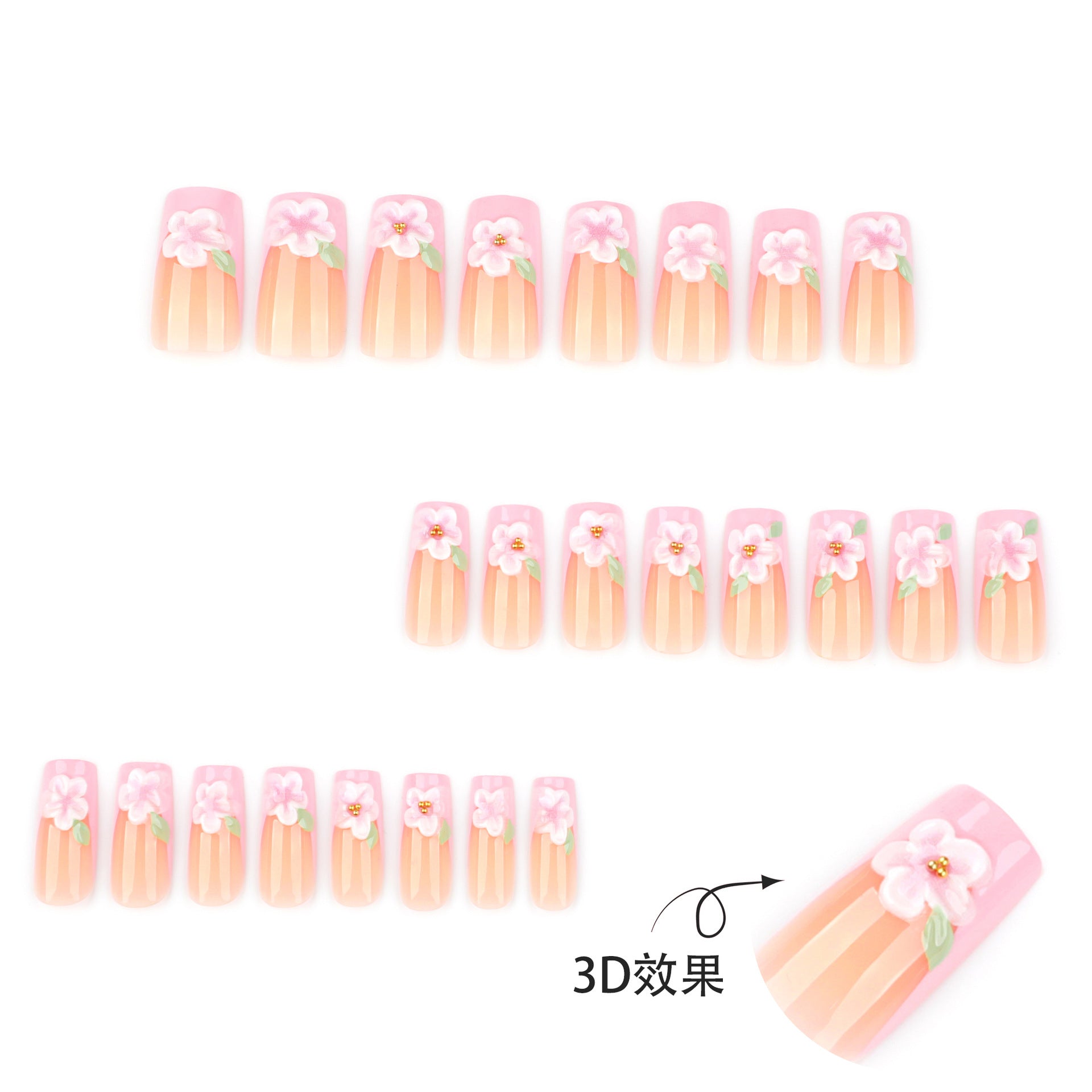 Medium and long 3D three-dimensional pink flower French square press-on nails