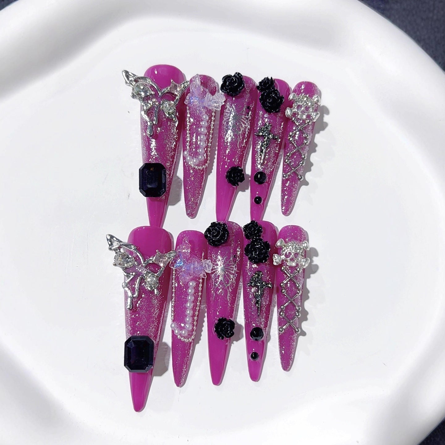 Purple Gothic Rose Crystal Statement Press On Nails