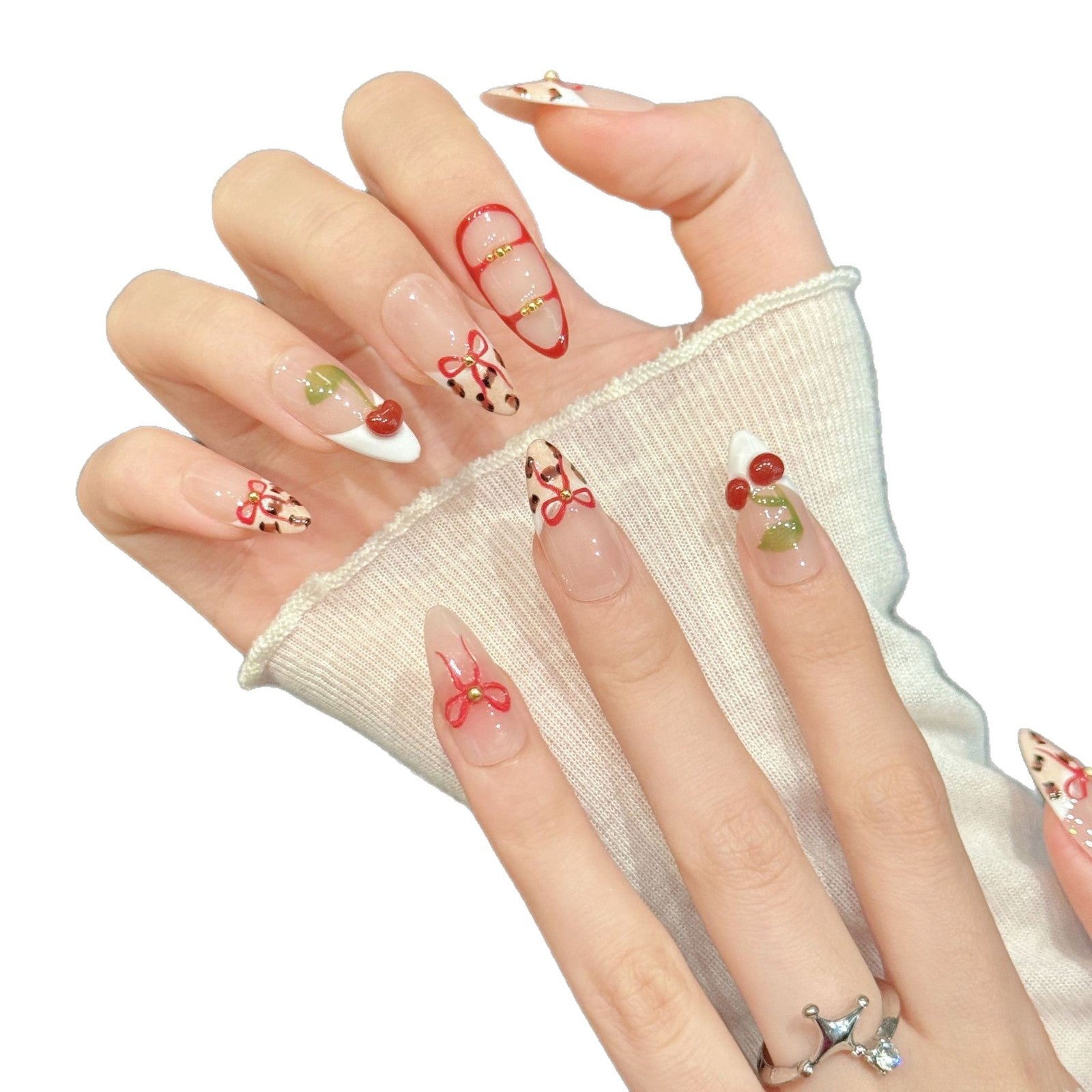 365nails: 체리 리본 – 3D 레오파드 프린트 & 과일 수제 아몬드형 네일