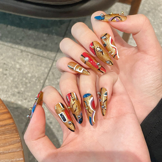 Light luxury pure handmade nails line splicing color detachable manicure | 365nails