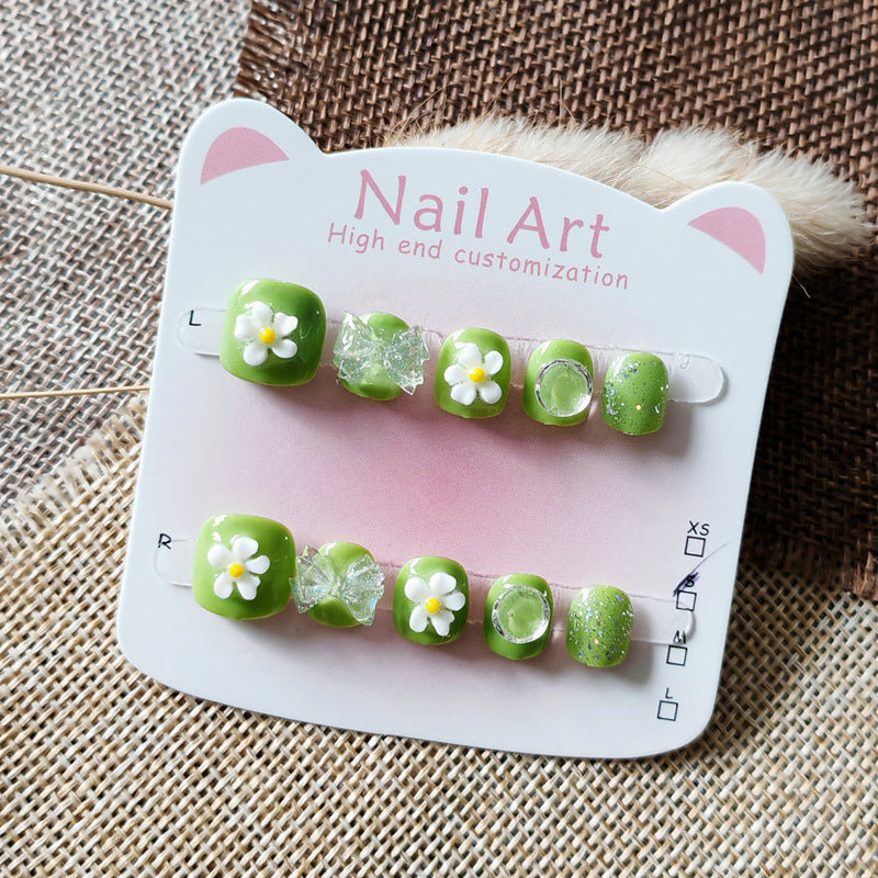 365nails-Daisy Green Kids Series: "Fresh Daisy Spring" – Short Square Kids Nail Art